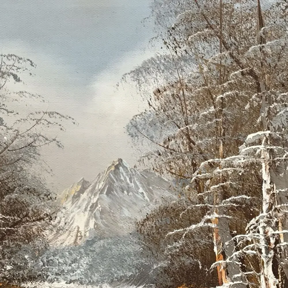 Hand Painted Painting Winter Mountain Snow Landscape Signed Impasto Blue White